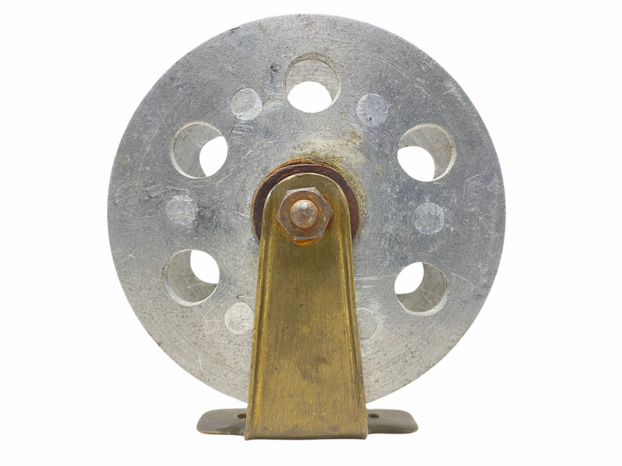 Vintage Angelrolle, Alu/Messing, Rollendurchmesser 120mm, Rollenbreite 35mm, seltene Rolle, Gebrauchsspuren