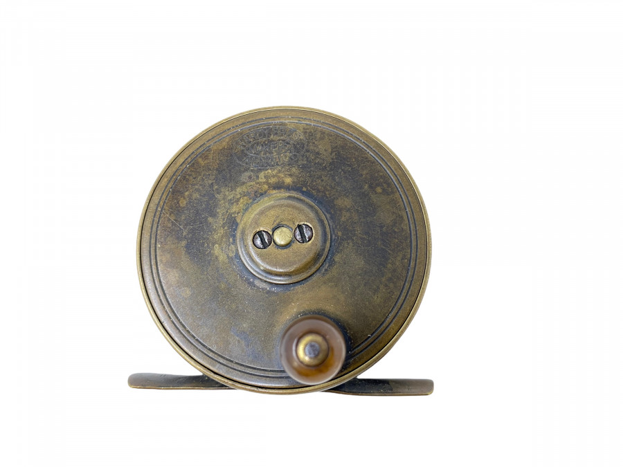 Kleine Messingrolle, Hardy Bros. Makers Alnwick, ca. 1890, Horngriff, Rollendurchmesser 44mm, Rollenbreite 25mm, guter Zustand