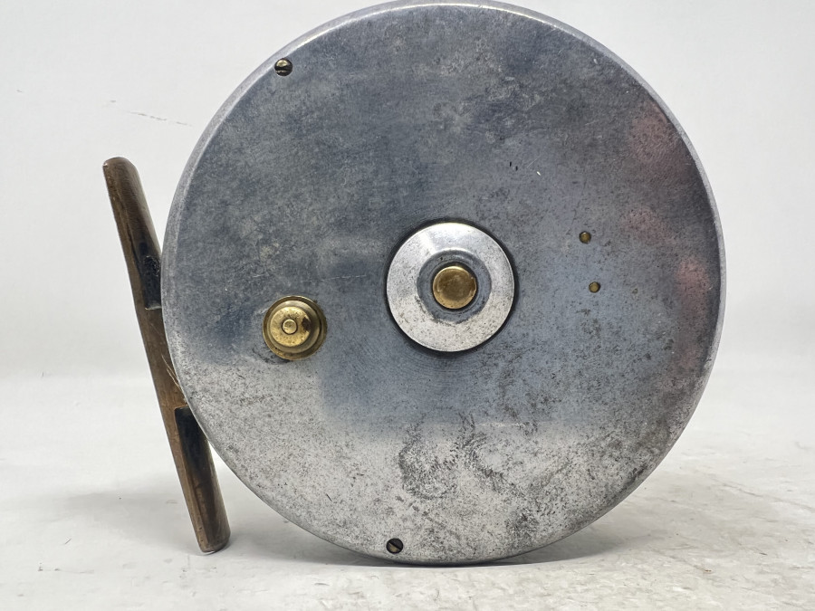 Vintage Fliegenrolle, Reuben Heaton, Alu/Messing, Linkshand, Horngriff, Schnurführungsring, 110mm Rollendurchmesser, 35mm Rollenbreite, altersbedingter Zustand