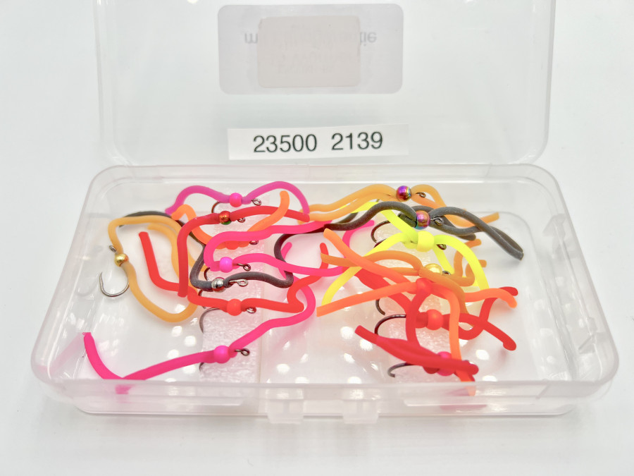 Kunststoffbox, 130x65x20mm,  mit 15 Würmer, Squirmy Worm, Tungstenkugel