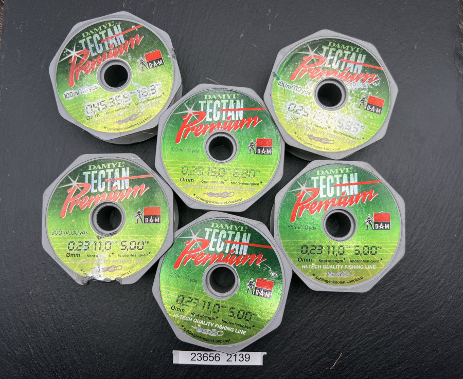 6 Spulen Damyl Tectan Premium Angelschnur, 3 x 0,23mm, 1 x 0,25mm, 1 x 0,29mm und 1 x 0,45mm, nicht mehr vollständig