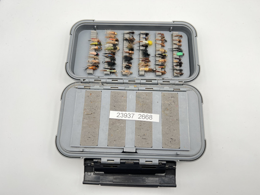 Kunststoff Fliegenbox mit 100 Nymphen und Trockenfliege für Äsche und Forelle