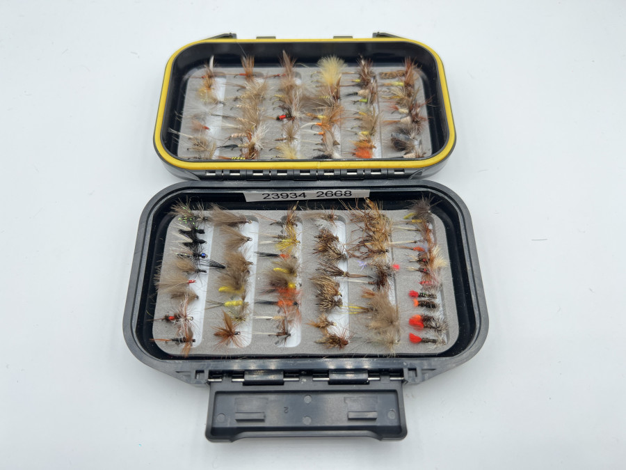 Kunststoff Fliegenbox, geschlitzter Schaumstoff, 120 Trockenfliegen für Äsche und Forelle