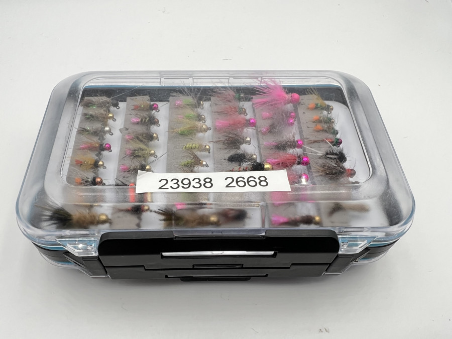Kunststoff Fliegenbox mit 120 Nymphen, Goldkopfnympohen und Streamer für Äsche und Forelle