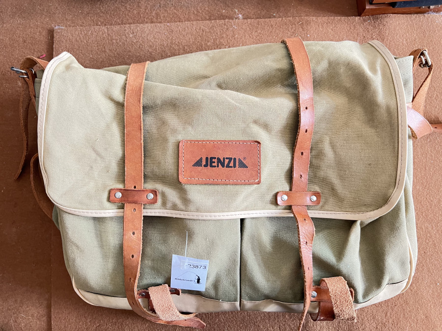 Anglertasche, Jenzi, Leinen, Lederriemen, Gebrauchsspuren