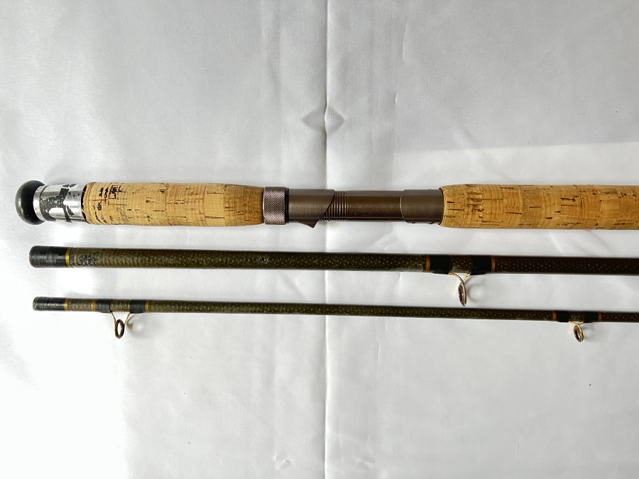 Zweihand Fliegenrute, Nicolas Whipp Rodmaker, Nefyn, N. Wales, 3tlg., 15", #10/11, Futteral, Gebrauchsspuren, Transportlänge 1,610mm