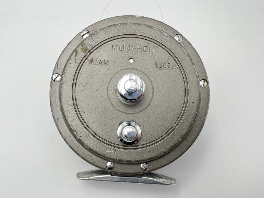 Fliegenrolle, DAM 5203, München, ausschaltbare, Knarre, Linkshand, mit Fliegenschnur, Gebrauchsspuren