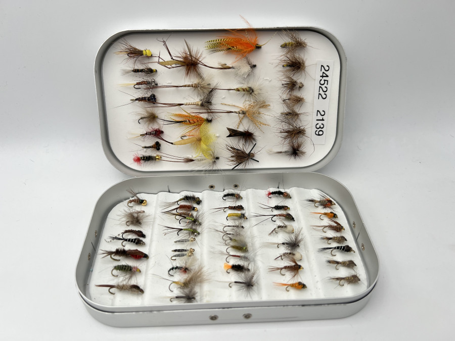 Alu Fliegenbox, Snowbee, 150x90x28mm, gefüllt mit 71 Nymphen, Trockenfliegen, gute Qualität