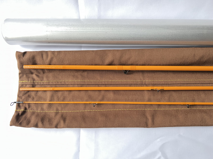 Fliegenrute, C. Baclay Fly Rod C. Winston - Salem, NC, 3tlg., 7.9", #3, Glasfaser, Futteral, Alu Transportrohr, neu und ungefischt, Neupreis € 950,00, Transportlänge 0,87m