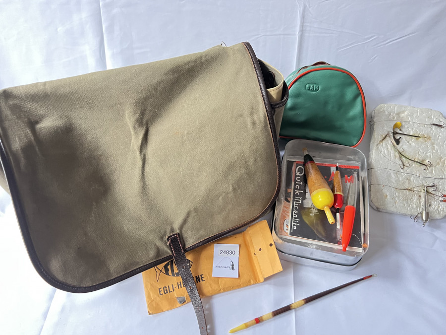 Anglertasche mit Hecht-Vorfächern, Köderfischmontagen, Egli-Hegene, Wirbel, Raubfischhaken, Ersatz-Rollenbügel, Beschreibungen für DAM-Rollen Quick, Microlite, Quick Super, Quick Finesse und Mitcehl 300