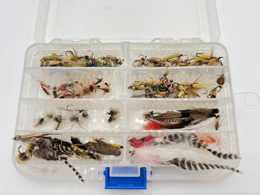 Kunststoff Fliegenbox mit 120 Nass- und Trockenfliegen, Nymphen