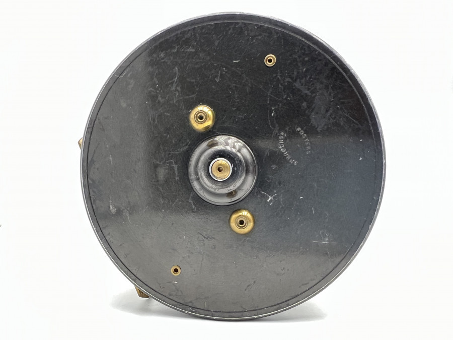 Lachsfliegenrolle, Fosters Ashbourne, # 10, Rechtshand, Messing Rollenfuß 80mm lang, Horngriff, Rollendruchmesser 112mm, Rollenbreite 50mm, Gewicht 434 Gramm, mit Seidenschnur, Gebrauchsspuren