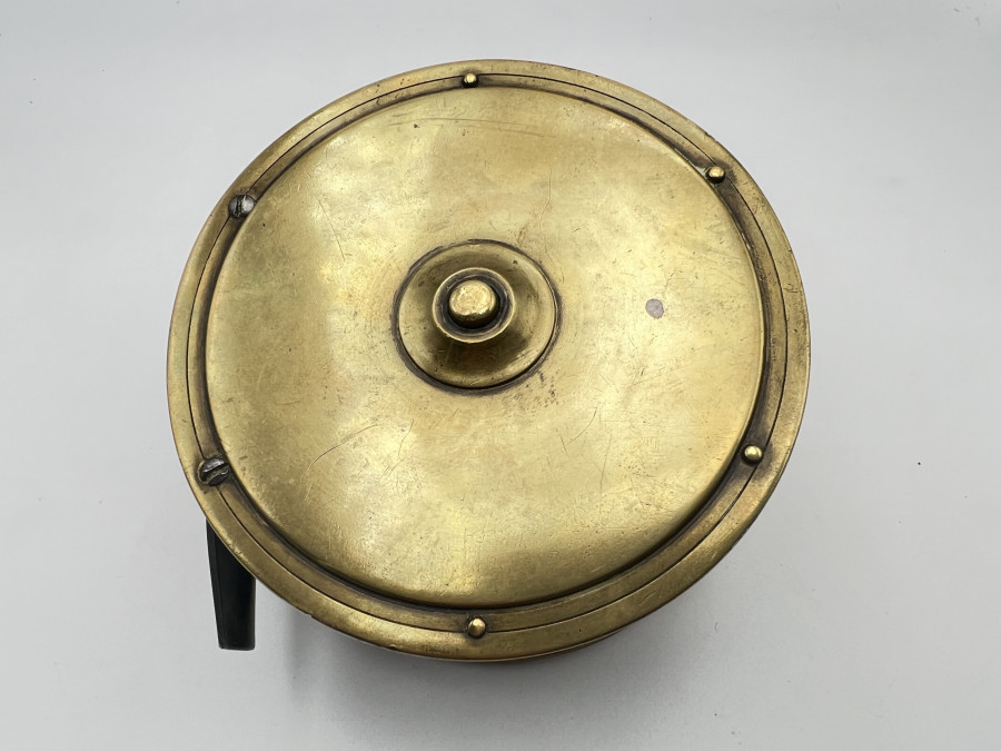 Vintage Angelrolle, Messing, ca. 1930, keine Markung (Farlow?), Rollendurchmesser 105mm, Rollenbreite 55mm, schöne Sammlerrolle