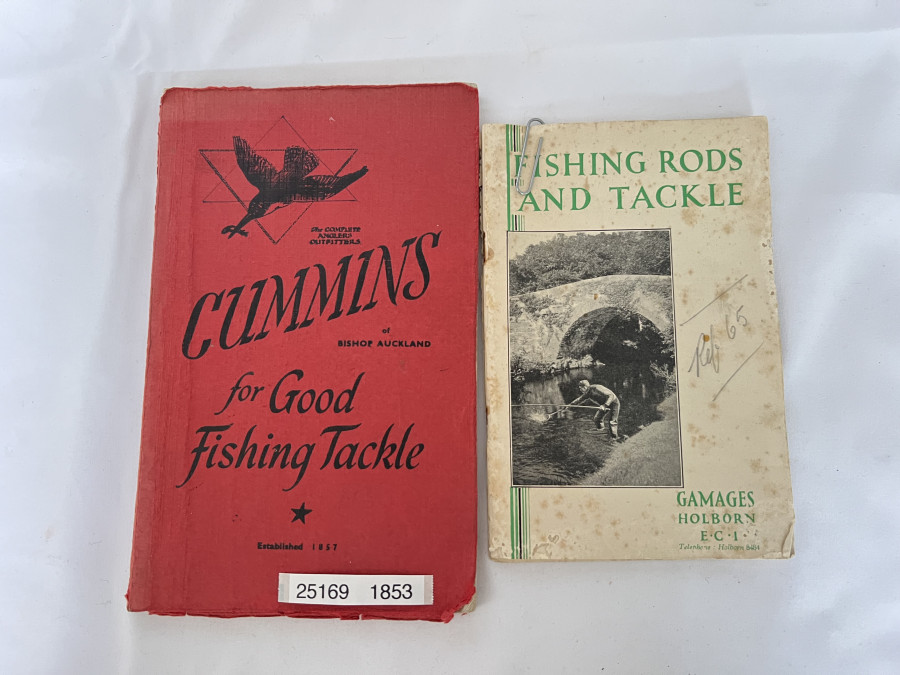 2 Kataloge: Gamages Holborn E.C.1. Fishing Rods and Tackle, Deckel lose, ca. 1934 plus Cummins for Good Fishing Tackle Catalogue, Bishof Auckland, 1957 Katalog: