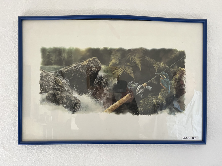 Offsetdruck Angelrute, Eisvogel am Fluß, 610x410mm. Rahmengrösse, 480x250mm Bildgrösse, hinter Glas