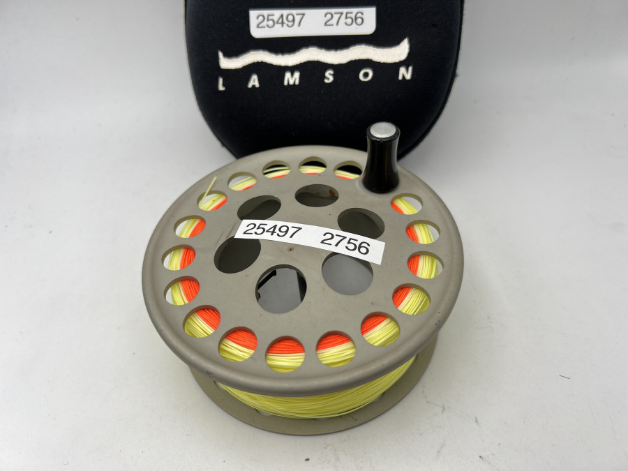 Reservespule für Lamson Lachsfliegenrollen, Rollen Aussendurchmesser 110mm, Rollenbreite 40mm, mit Backing und Runningline, Gebrauchsspuren