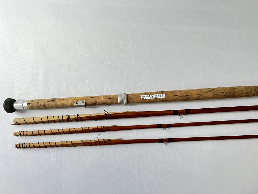 Gespliesste Zweihandfliegenrute, Sharpe of Aberdeen, The Scotti, impregnated, 3tlg., 14", #!0, Reservespitze, Futteral, sehr guter Zustand, Transportlänge 1650mm
