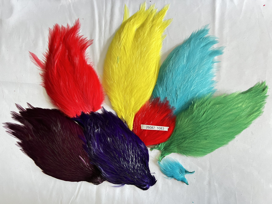 Hahnenbälge, 6 Stück, verschiedene Farben, Federn entnommen