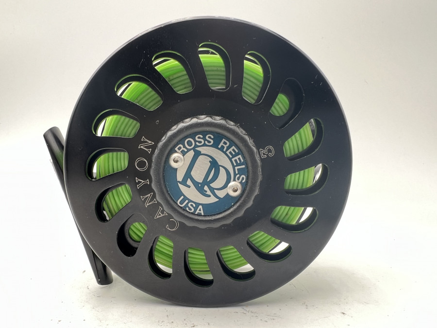 Fliegenrolle, Ross Reels USA Canyon, Linkshand, gutes Bremssystem, mit Orvis Fliegenschnur WF 7 F, Gebrauchsspuren, ohne Rollentasche