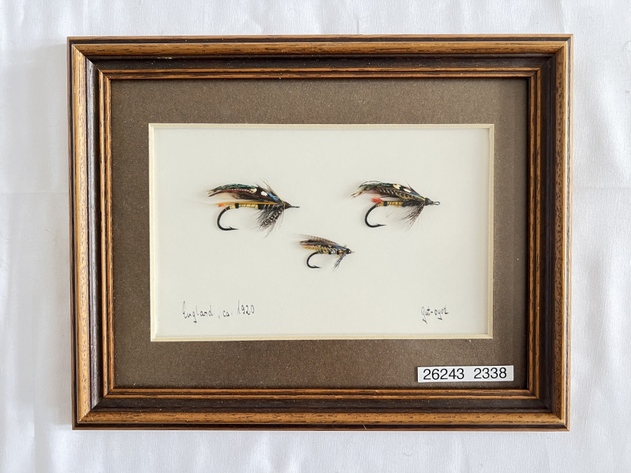 Vintage Lachsfliegen, 3 Stück, Gut - eyed, England ca. 1920, im Bilderrahmen hinter Glas, 220x180mm