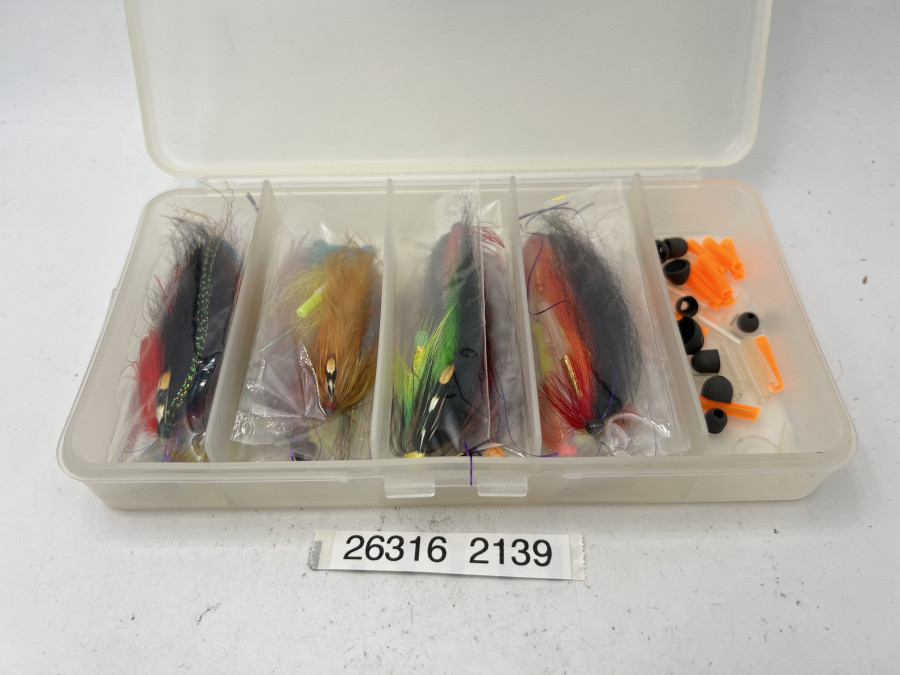 Tubenfliegensortiment, Kunststoff Fliegenbox, 175x100x30mm, 20 Tubenfliegen und Zubehör