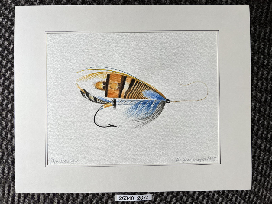Aquarell, Grösse 38x30cm, Lachsfliege The Dandy, Reinhold Henninger, 2023