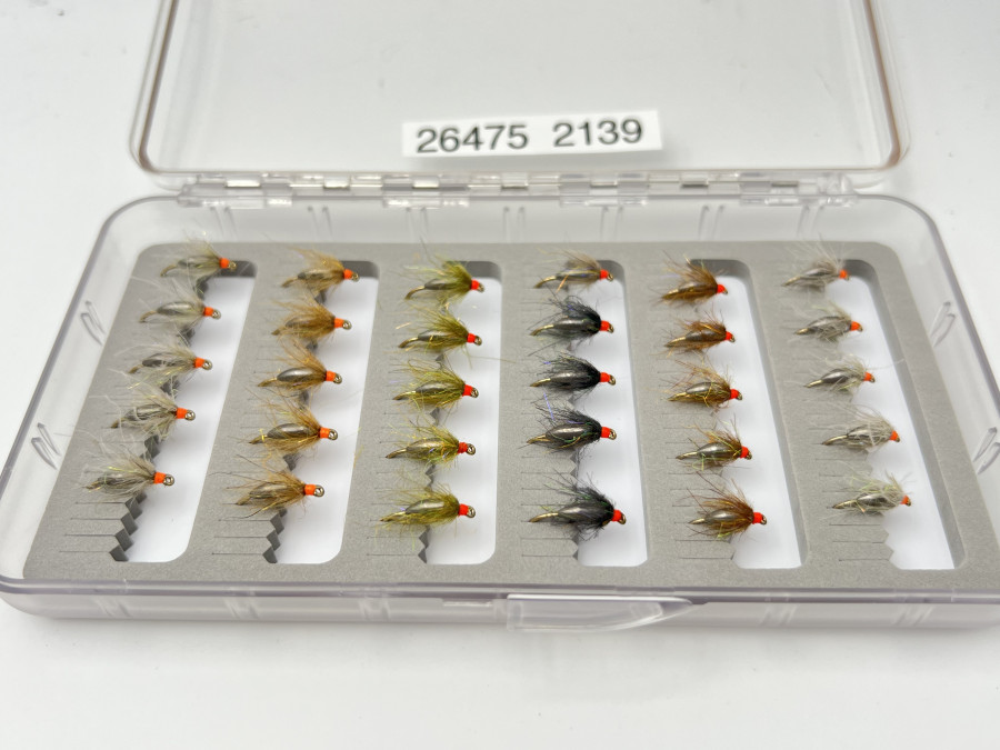 Nymphensortiment, Tungstenkörper grau, CDC Feder und UV Dubbing, Kopf orange, 30 Stück in Box, sehr fängig