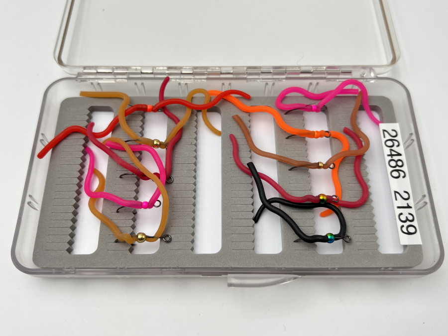 Squirmy Worm Sortiment, 10 Stück, Haken mit grossem Öhr, Fliegenbox, 155x85x22mm, geschlitzter Schaum, FANGGARANTIE