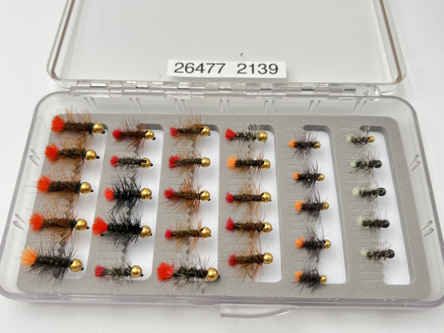Jigsortiment, Tungsten Schlitzkugel, Grösse 10 bis 18, 30 Stück in Kunststoffbox, extrem fängig, in vielen Gewässern verboten