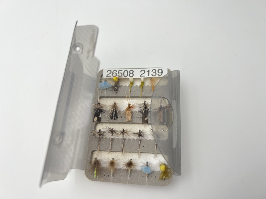 Trockenfliegensortiment, 20 Trockenfliegen für Äsche und Forelle, C & F Design Fliegenansteckbox, gute Qualität