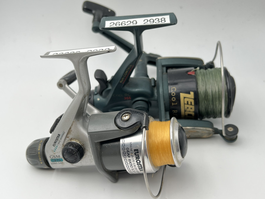 2 Stationärrollen, Zebco Cool RC 355, geflochtene Schnur, Eurostar GSM Long Cast, Monofile Schnur, Gebrauchsspuren