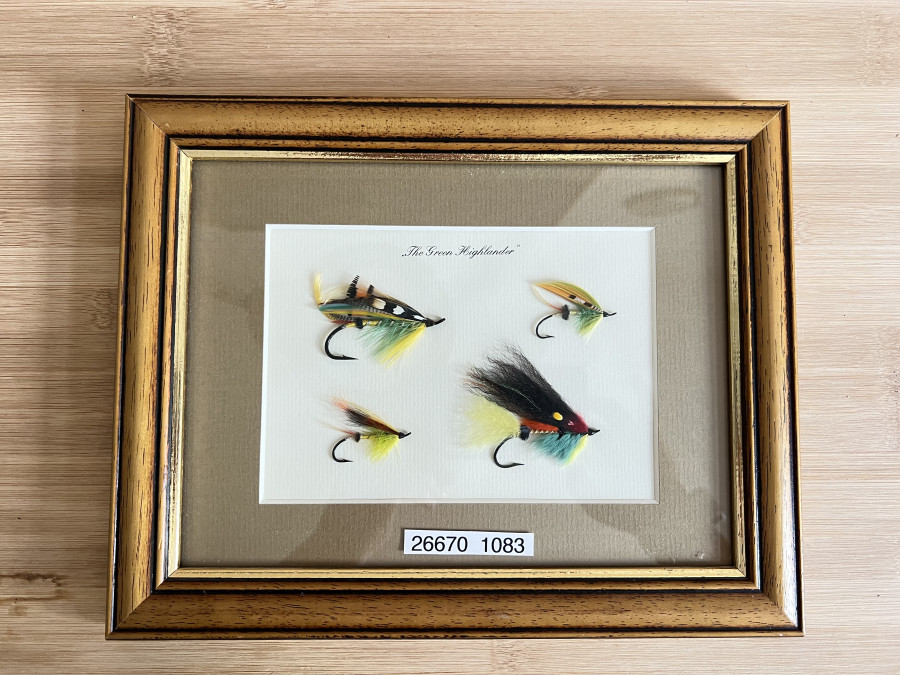 Fliegenbild, im Holzrahmen, Passepartout, 290x230mm, 4 Hairwing Lachsfliegen, Green Highländer, Silver Grey, Thunder & Lightning, Stoats Tail, Munroe Killer, Hairy Mary, Klaus Coburger