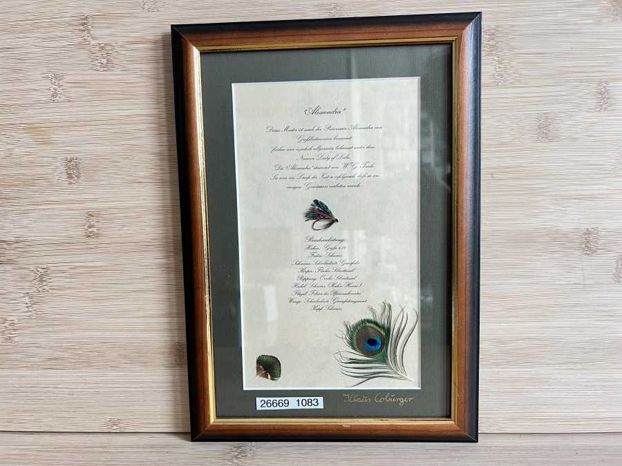Fliegenbild im Holzrahmen, Passepartout, 330x220mm, Alexandra, Geschichte und Bindeanleitung der berühmten Nassfliege, Klaus Cocubrger