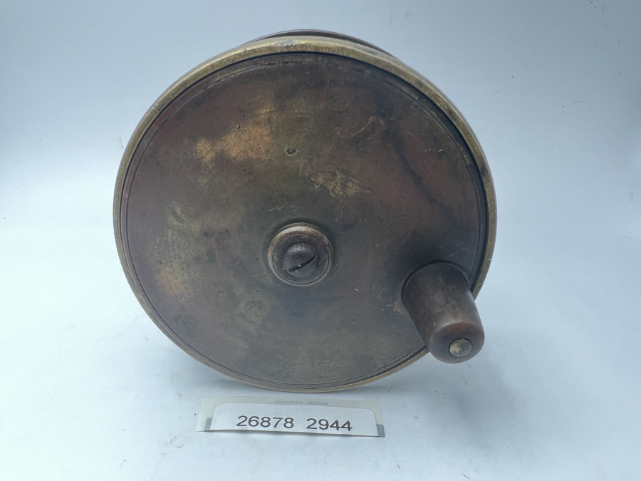 Vintage Angelrolle, Messing Massiv, Horngriff, Rollendurchmesser 110mm, Rollenbreite 50mm, Gebrauchsspuren