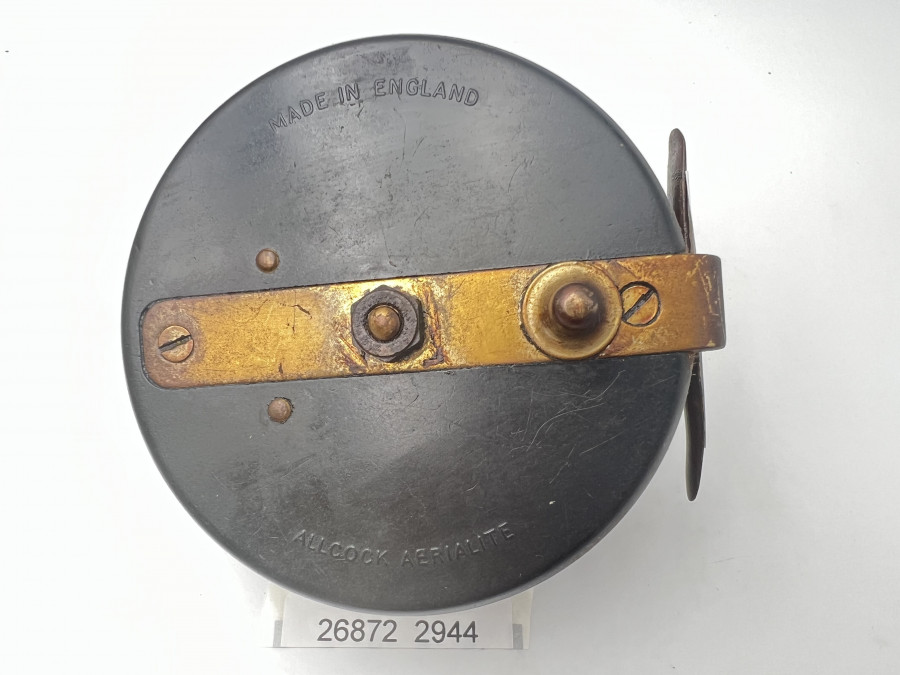 Vintage Angelrolle, Allcock Aerialite,, Made in England, ausschaltbare Knarre, Rollendurchmesser 100mm, Rollenbreite 55mm, starke Gebrauchsspuren