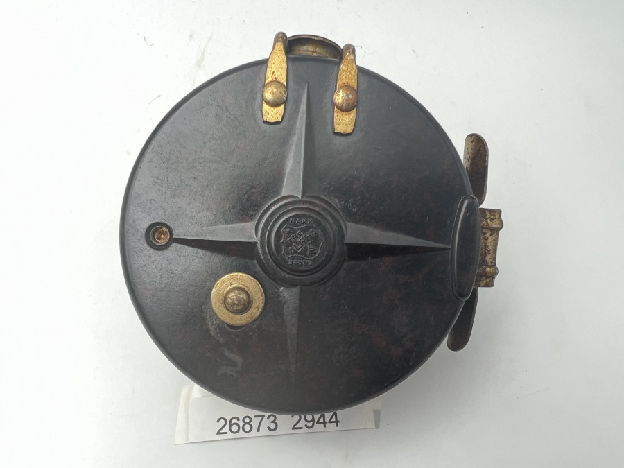 Vintage Angelrolle, The Alpha W Trade Mark, Bakelit/Messing, ausschaltbare Knarre, Rollendurchmesser 80mm, Rollenbreite 40mm, Gebrauchsspuren