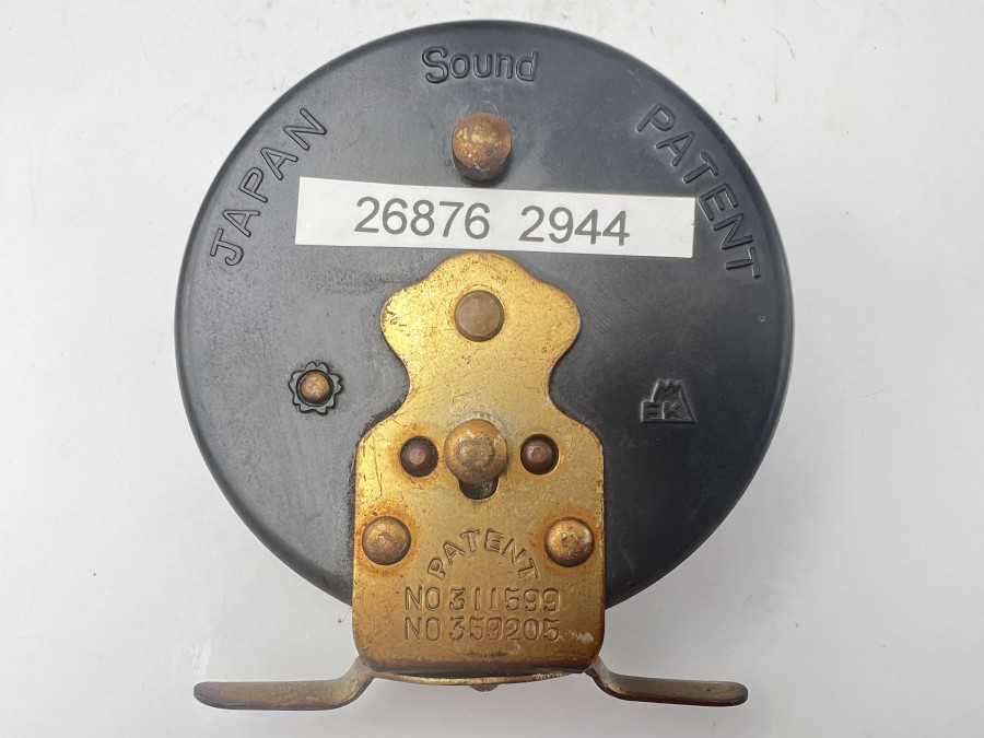 Vintage Angelrolle, Japan Patent No. 311599, No. 359205, Bakelit&Alu, Rollendurchmesser 80mm, Rollenbreite 30mm, Gebrauchsspuren