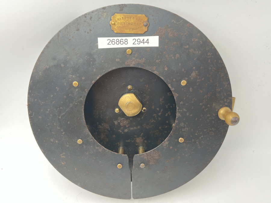 Vintage Angelrolle, J. Rabone & Sons, Birmingham, Made in England, Blech/Messing, Rollendurchmesser 195mm, Rollenbreite 32mm, Gebrauchsspuren