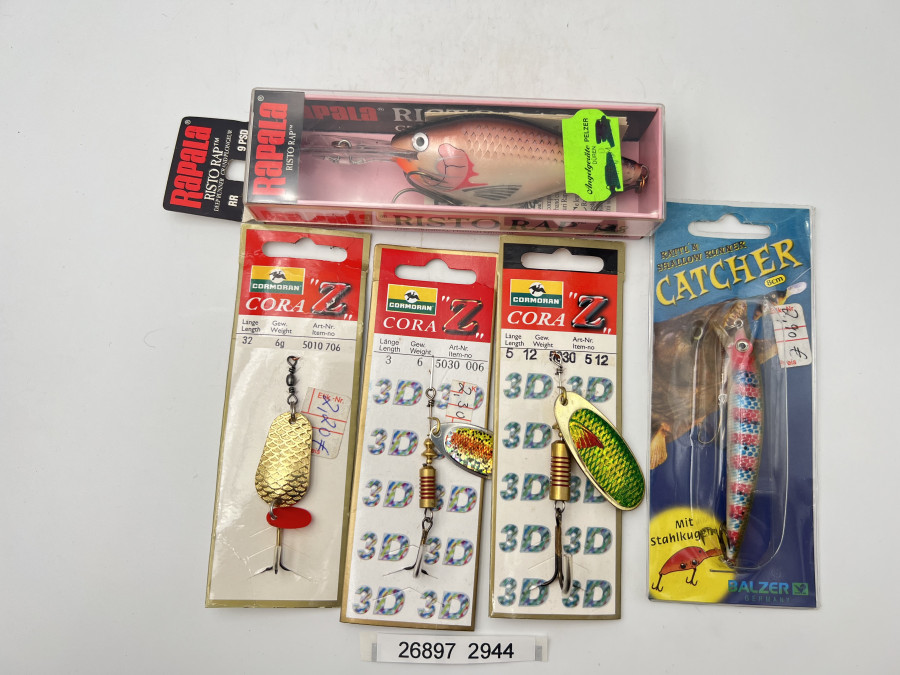 5 Kunstköder, 1 Rapala Wobbler, 2 Spinner, 1 Löffel, 1 Catcher Wobbler, ungefischt