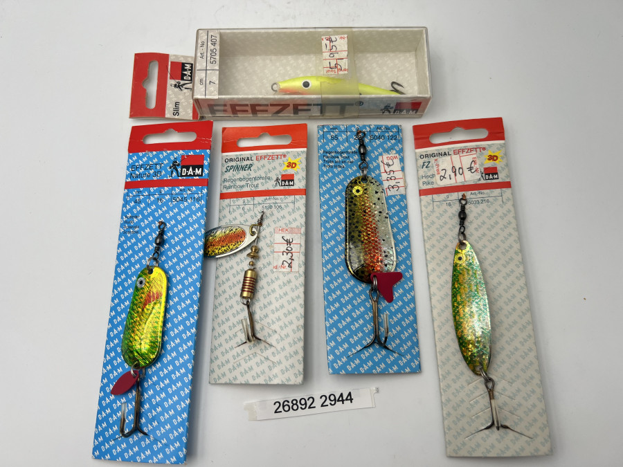 5 Kunstköder, DAM Effzett, 1 Spinner, 3 Löffel, 1 Wobbler, ungefischt