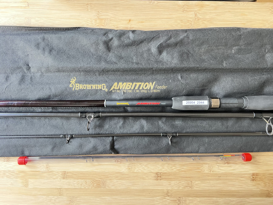 Feederrute, Browning, Ambition Feeder, 3tlg., 3,90m, C.W: 120g, neu im Futteral, Transportlänge 1350mm