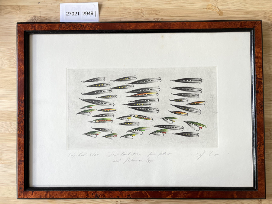 Bild hinter Glas, Original Radierung handkoleriert, 5/50, Sea - Trout -  Flies for fellow and fisherman Sepp, Wolfgang Tombour, Wien, 410x290mm
