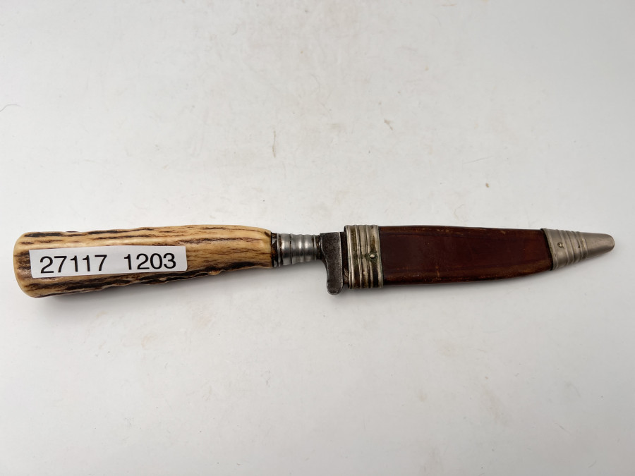 Jagdmesser, Horngriff, Lederscheide, Gesamtlänge 230mm, Klingenlänge 110mm, muss geschliffen werden