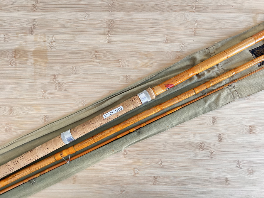 Vintage Angelrute, Supplied by Challis & Son, Bambus, 3tlg., 3,60m Futteral, Gebrauchsspuren