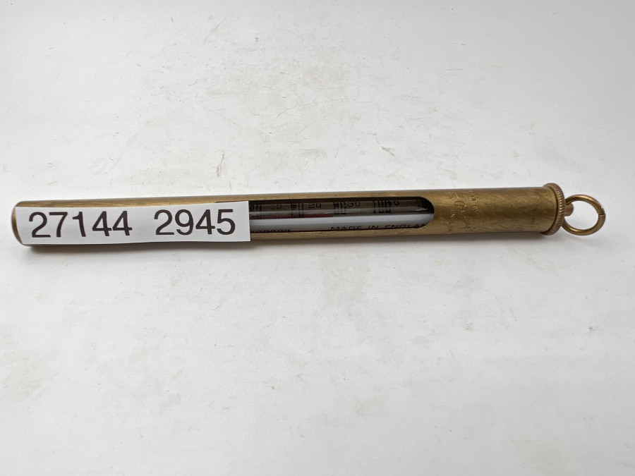 Thermometer von Hardy Bros., 0 - 50°Celsius Skala, im Messing-Schutzrohr, Länge 13cm,  guter Zustand