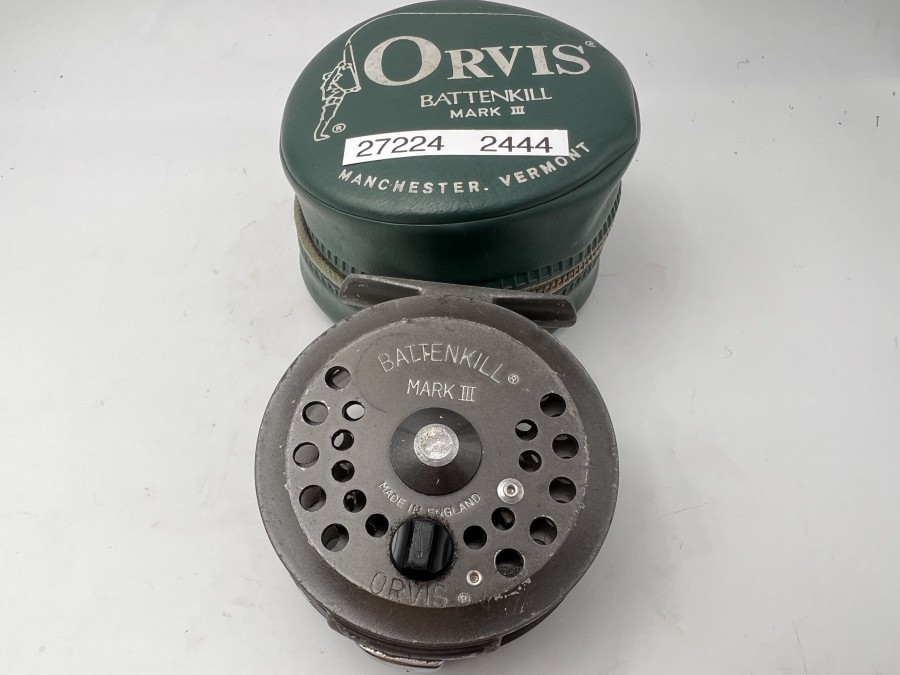 Fliegenrolle, Orvis Battenkill Mark III, Made in England, Rollentasche, technisch gut, starke Gebrauchsspuren