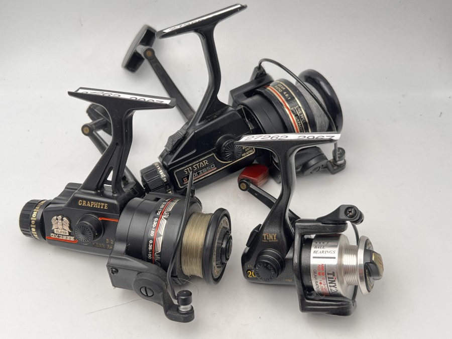 3 Stationärrollen, Graphite Sil Star GX 2835, Silstar AX 2550 und Sil Star Tiny 20, Gebrauchsspuren