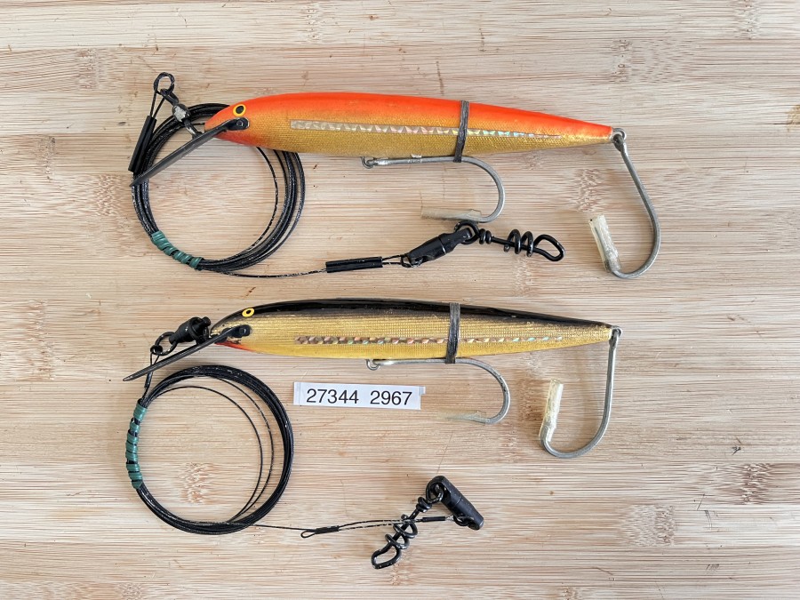 Big Game Wobbler, Rapala Magnum Sinking CD 18, gold/schwarz, und gold/orange, jeweils mit Stahlvorfach, ungefischt