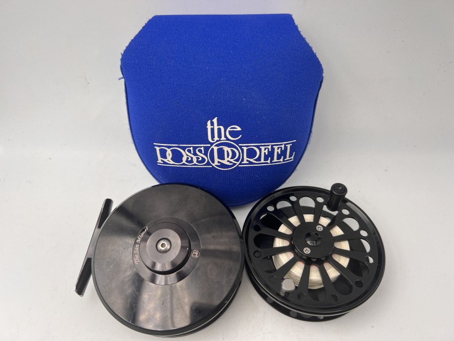 Fliegenrolle, Ross Reel The San Miguel Tree, Linkshand, fein einstellbare Bremse, Reservespule, jeweils mit Backing, Neoprene Rollentasche, leichte Gebrauchsspuren