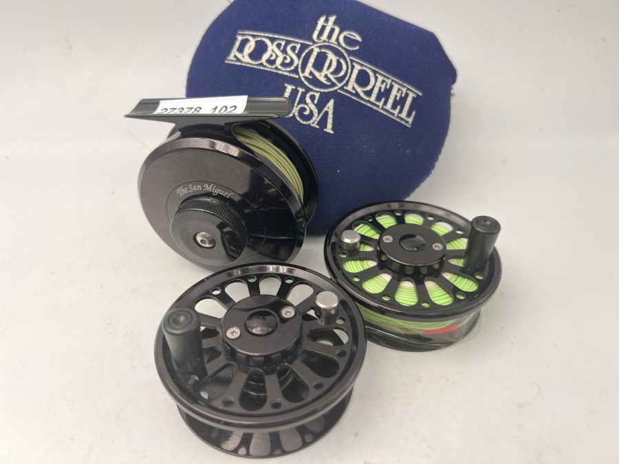 Fliegenrolle, Ross Reel The San Miguel One, Linkshand, fein einstellbarer Bremse, 2 Reservespulen, Neopren Rollentasche, leichte Gebrauchsspuren